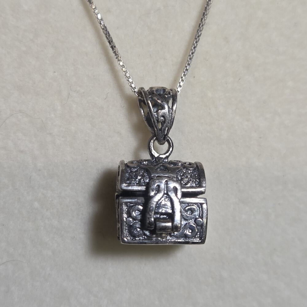 925 Silver Prayer Box Treasure Chest Charm Locket Pendant w/ Silver Box Chain